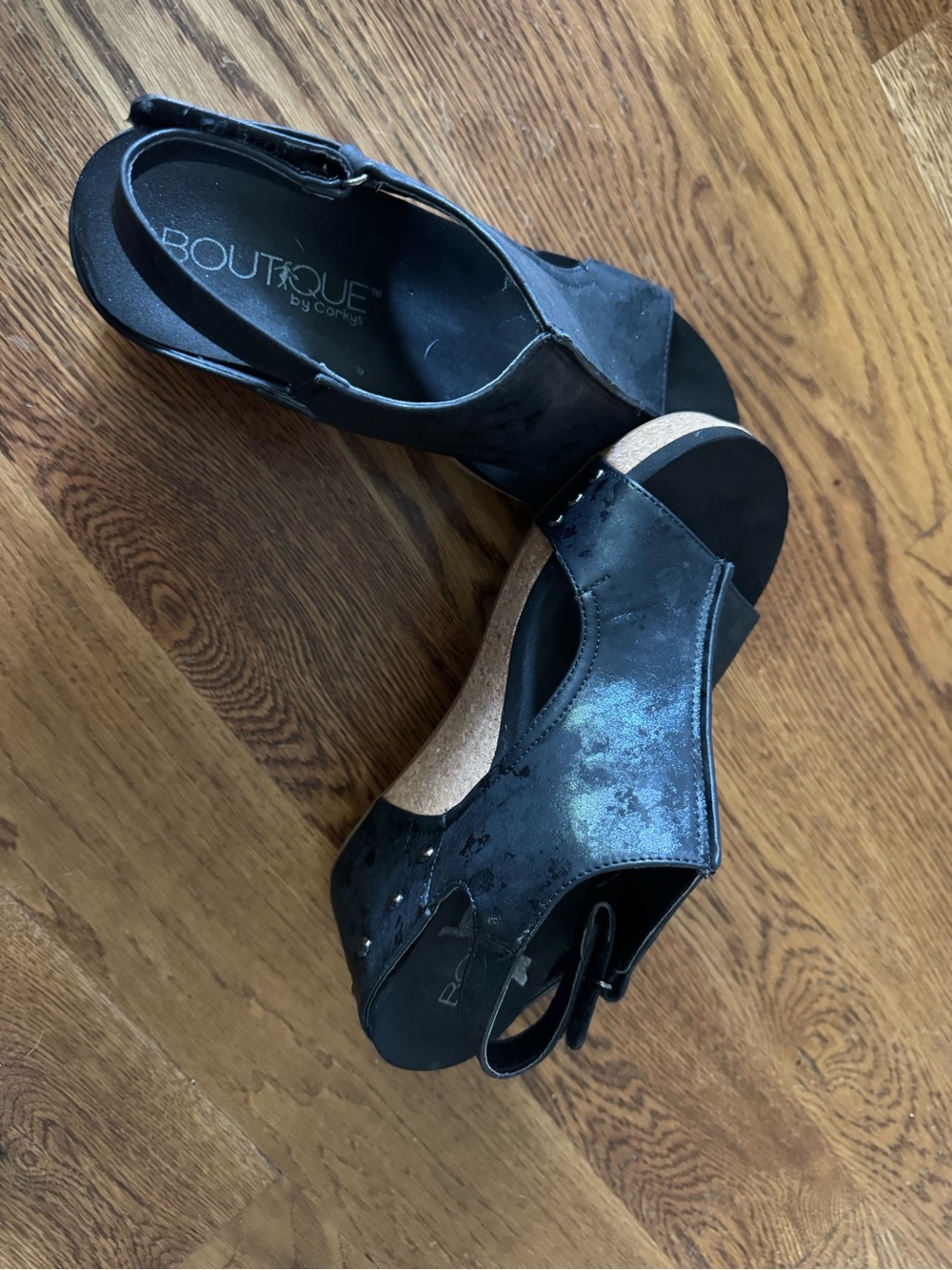 Corkys Black Wedge Sandals with Cork Heel